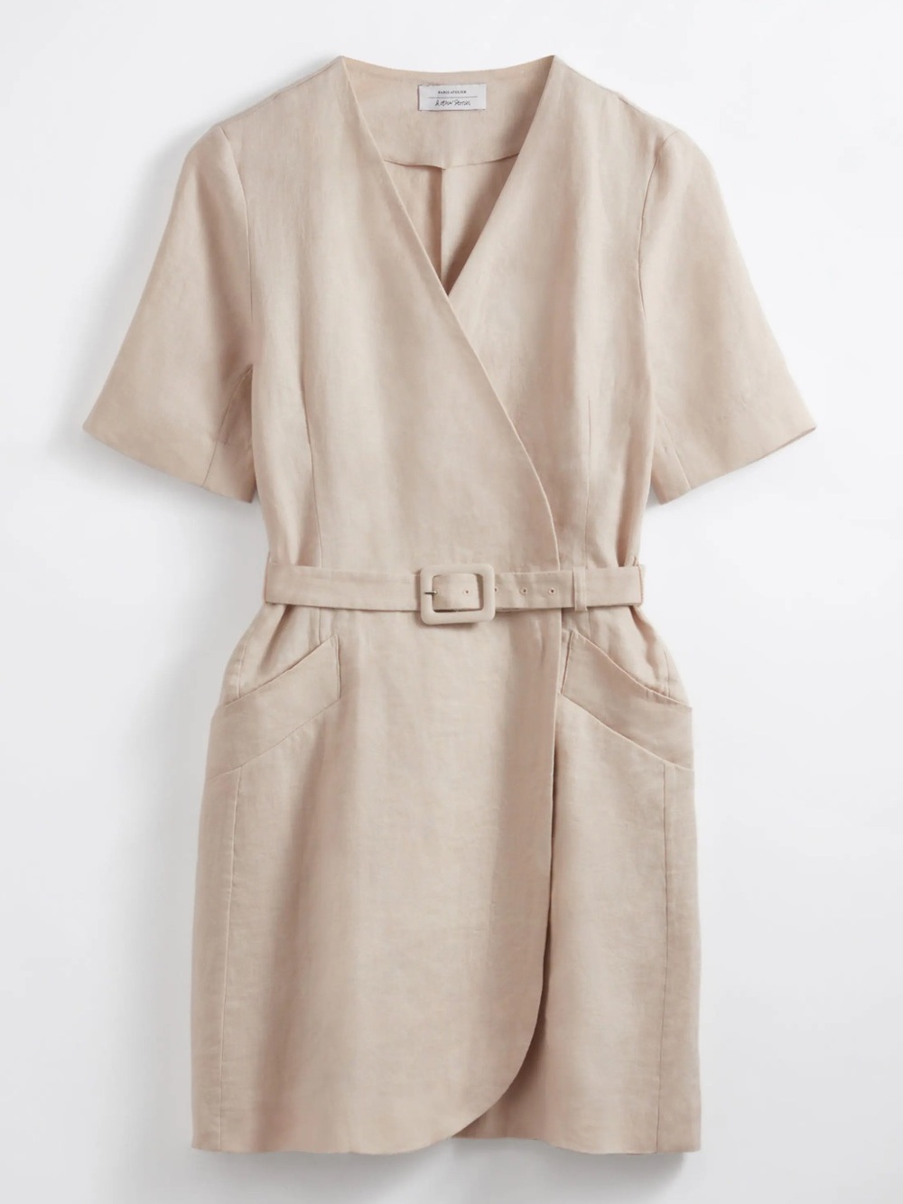 & Other Stories Belted Linen Mini Dress Light Beige Cream Short Sleeve Size 6 EU